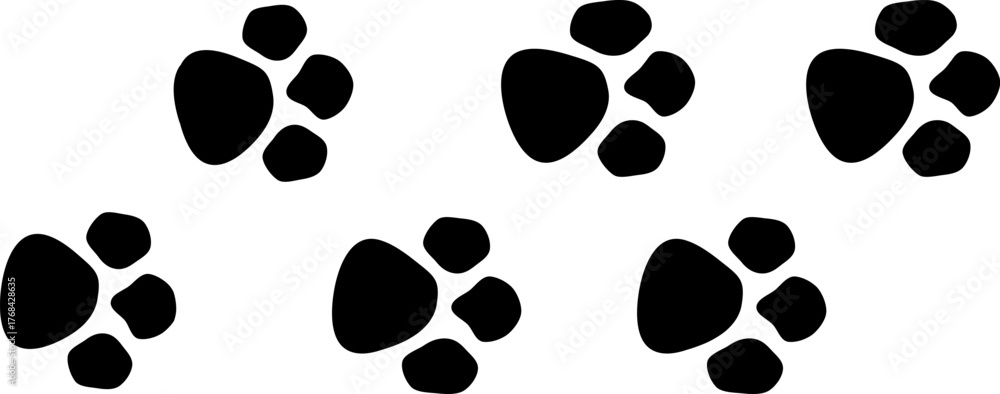 Fototapeta premium Six black paw prints arranged in two rows on a white background