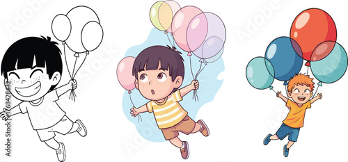 Cute happy kids flying with colorful balloons, joyful children illustration, fun cartoon art showing playful childhood and celebration moments