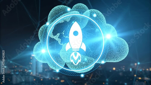 Digital Rocket Launch Icon with Cloud Computing Network Background – Technology Startup Innovation Concept