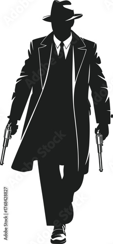 Noir silhouette, trench coat, gangster style, vintage detective, dramatic pose, pistol in hand, mystery man, classic crime, fedora, cinematic shadow