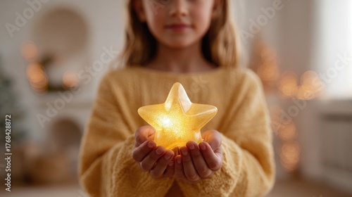 Young girl holding a small, golden star-shaped object in her hands. she is wearing a yellow sweater and has blonde hair.