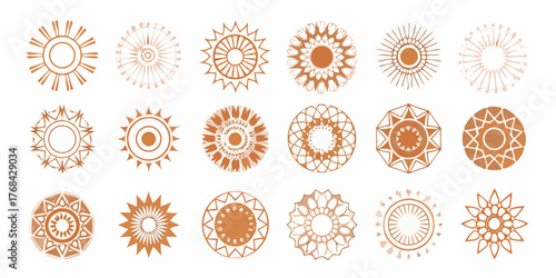 Collection of boho sunburst mandala designs in earthy tones on white background