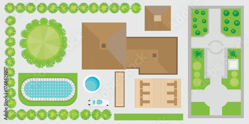 Aerial view of a modern house with a swimming pool hot tub garden and outdoor dining area