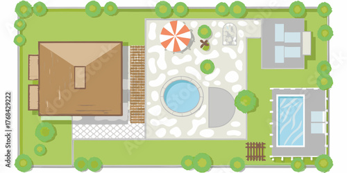 Top view illustration of a modern house with a swimming pool and jacuzzi in the backyard