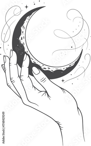 Crescent Moon in Hand Sketch Celestial Body Cosmic Illustration