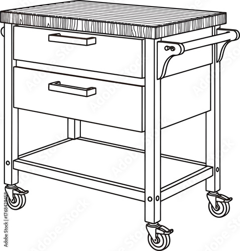 Rolling Kitchen Cart with Drawers Wooden Trolley Vector Outline Illustration