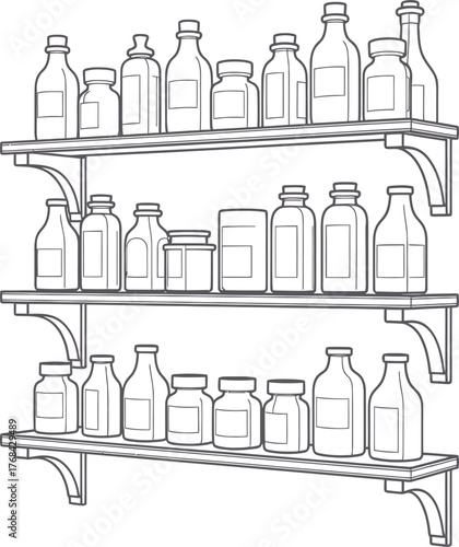Spice Rack Vector Illustration Glass Jars Bottles Shelf Outline Drawing Isolated