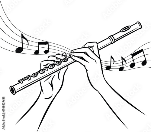 Hands Playing Flute Illustration, Wind Instrument, Musical Note, Orchestra