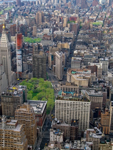 high-angle view of the Flatiron Building and Madison Square Park in Manhattan