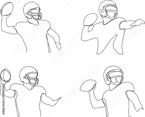 Set of One continuous line drawing of an American football quarterback throwing a ball.