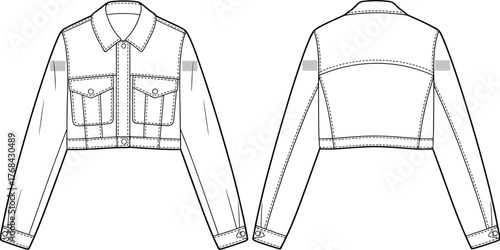 Cropped denim jacket sketch, fashion flat drawing, technical garment illustration, front and back view, apparel design, button details, sleeve cuffs