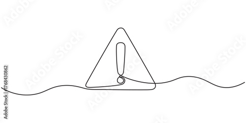 Dangerous sign continuous one line drawing. Vector outline of warning icon with exclamation mark in a triangle, One line art danger sign. Graphic illustration.