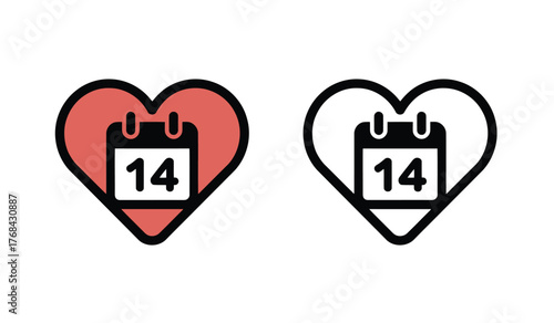 Heart Calendar Date Icon Set Valentines Day Concept Flat Design