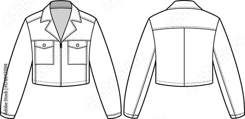 Cropped jacket sketch, technical fashion drawing, front and back view, garment design, flat illustration, apparel template, black and white
