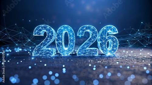 Futuristic 2026 new year design with glowing technology connecting digital dots, envisioning innovation and bright beginnings for the coming year