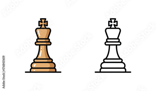Chess King Piece Icon Set: Elegant Outline Vector Illustration on Transparent Background