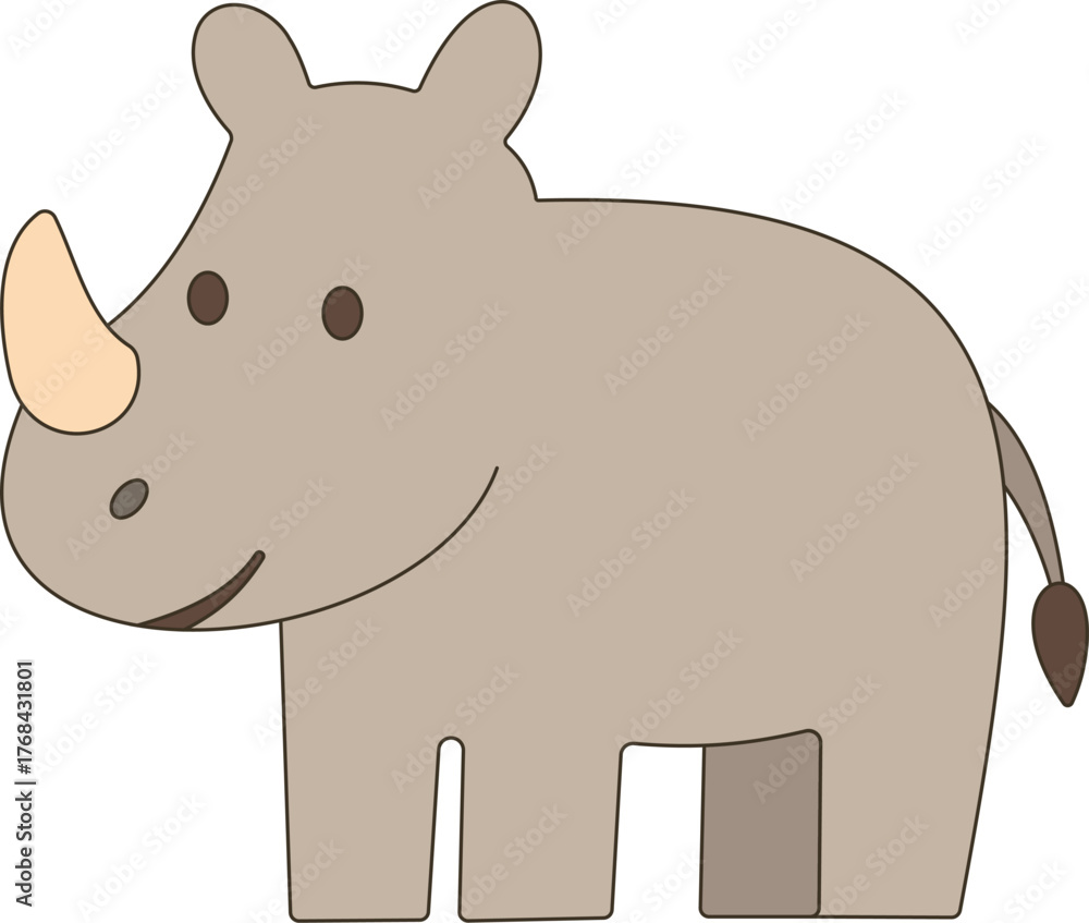 Fototapeta premium Simple grey rhino vector in childlike style. Cute safari animal illustration for kids art, baby shower themes, educational posters, and digital projects.