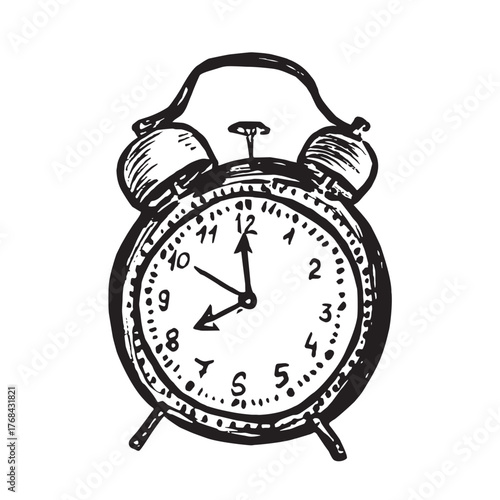Retro Alarm Clock (Dual bell), front view, doodle black ink drawing, woodcut vector