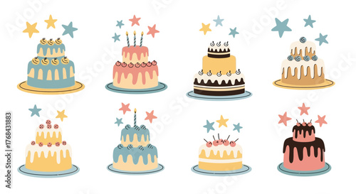 Festive birthday cakes collection, colorful and decorated with stars and candles, perfect for