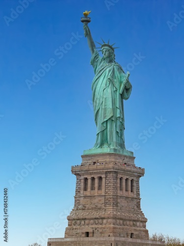 Statue of Liberty, the colossal American Icon and National Monument, standing against a brilliant Blue Sky
