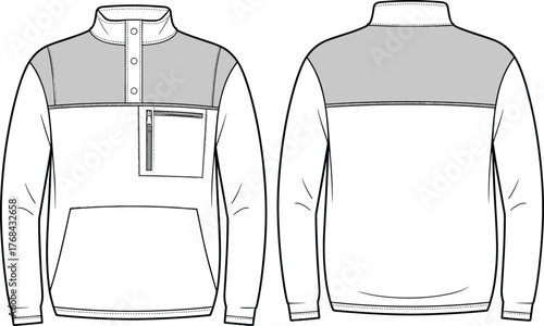 Technical pullover sketch, long sleeve, high collar, zipper pocket, contrast yoke, front and back view, fashion design, garment flat