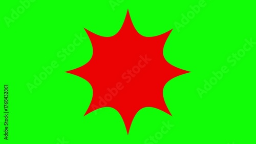 Red cartoon explosion shape pulsating against a vibrant green screen backdrop for dynamic visual effects and creative content creation