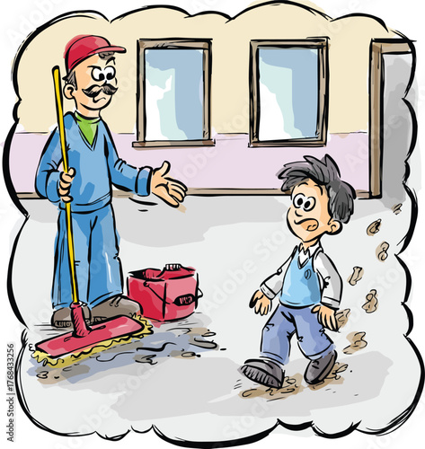 The janitor mopping the school. The little student boy who walks around the mopped area.