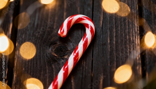 High resolution photo of Christmas candy cane on a dark wooden surface with blurred golden lights on the background. Festive Christmas composition.