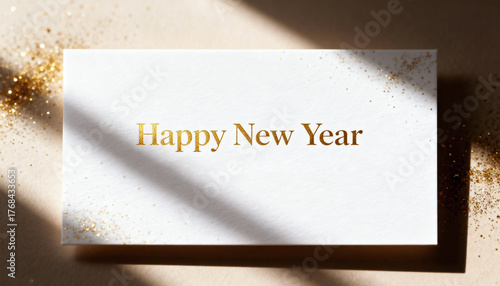 Holiday greeting card with gold lettering “Happy New Year” on a beige background with glitter sparkles. Festive elegant design for New Year celebration