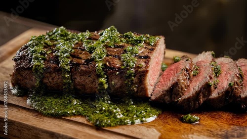 Delicious Sliced Steak with Chimichurri Sauce on Wooden Board.