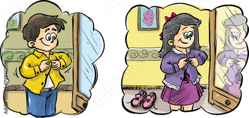Cartoon little boy and little girl dressing in front of the mirror.