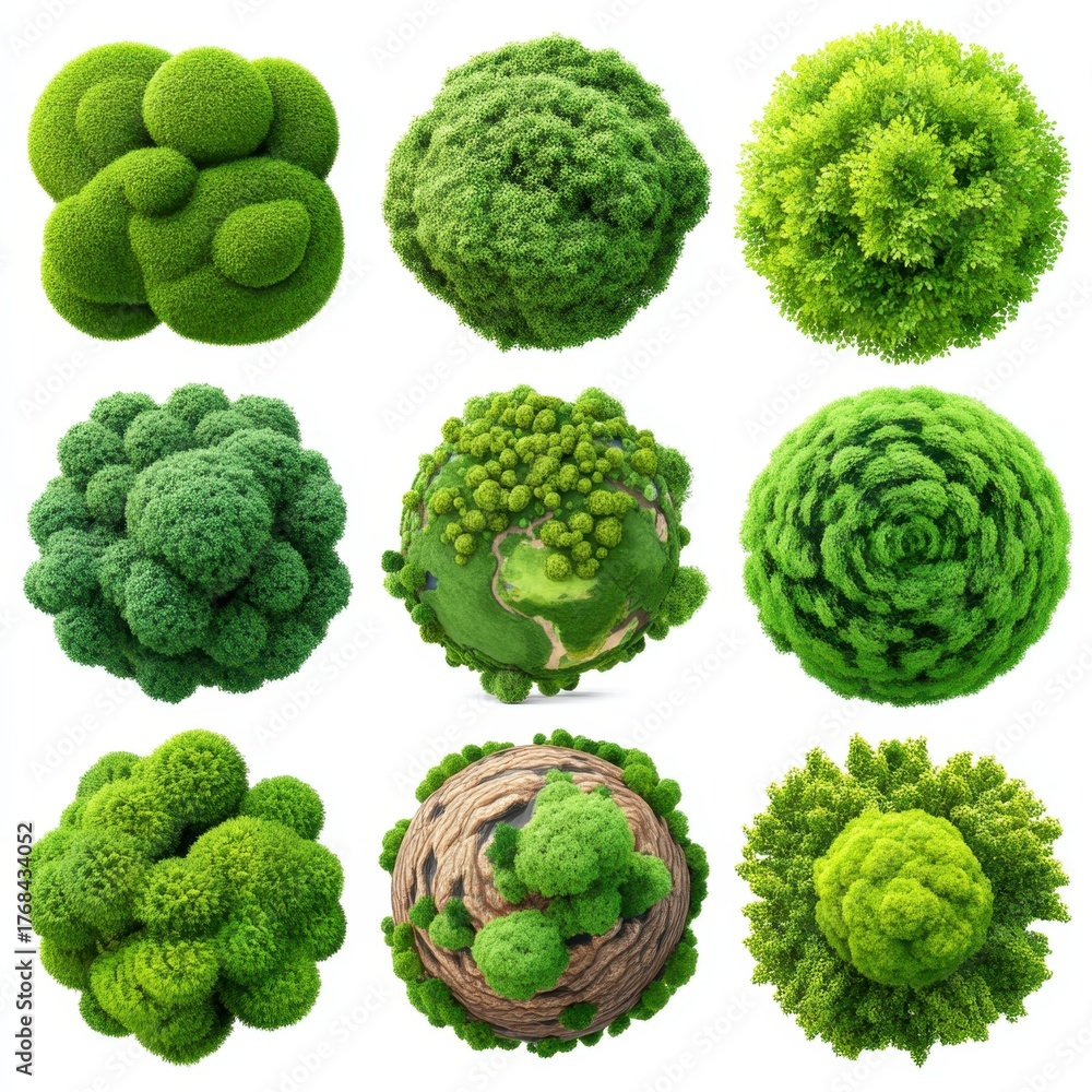Fototapeta premium Nine spherical clusters of green trees and foliage arranged in a 3x3 grid on a white background.