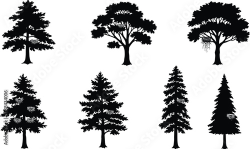 Tree silhouettes with bird nests, forest wildlife, nesting season, nature habitat, black shapes, ecology, woodland birds, minimal style, biodiversity