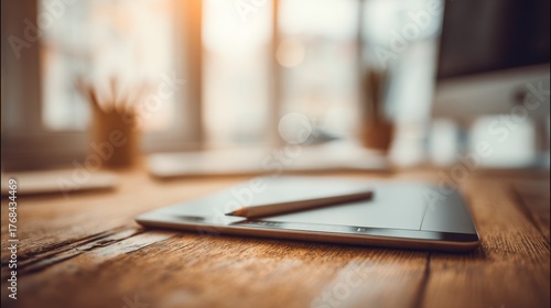 Wallpaper Mural Cozy workspace with tablet and pencil on wooden table, adorned with soft sunlight and plants creating an inspiring environment for creative tasks Torontodigital.ca