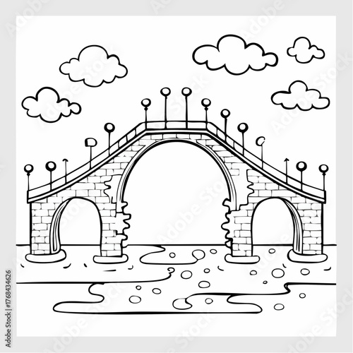 Hand drawn illustration of a brick bridge over water.