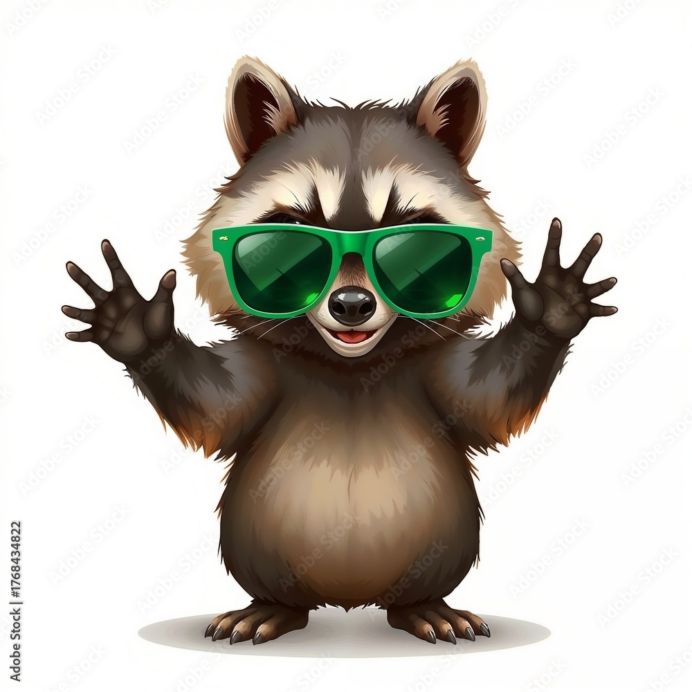 Obraz premium Cute raccoon wearing sunglasses, friendly expression, waving paws in a playful manner