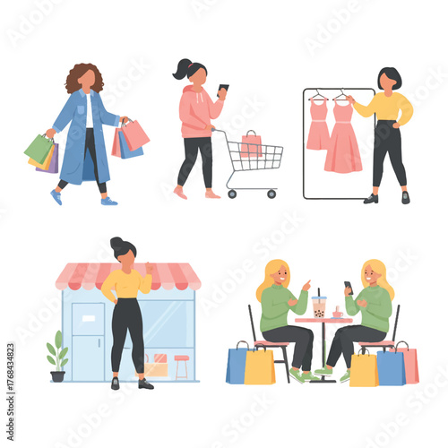 Flat Vector Set of Women Shopping Retail and Fashion Activities
