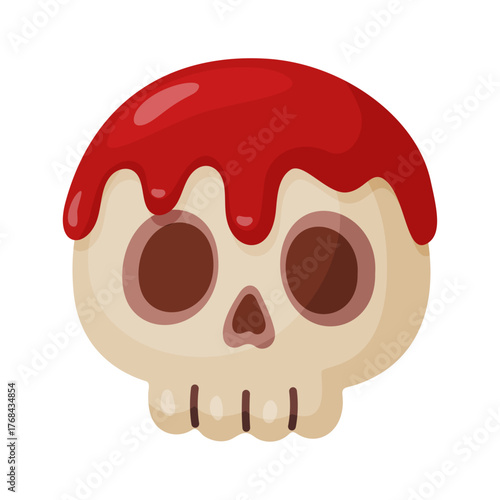 Cute cartoon skull with red dripping paint or blood. Hand drawn flat illustration in Halloween style. Perfect for holiday decor, stickers, party invitations, and spooky design. Vector illustration