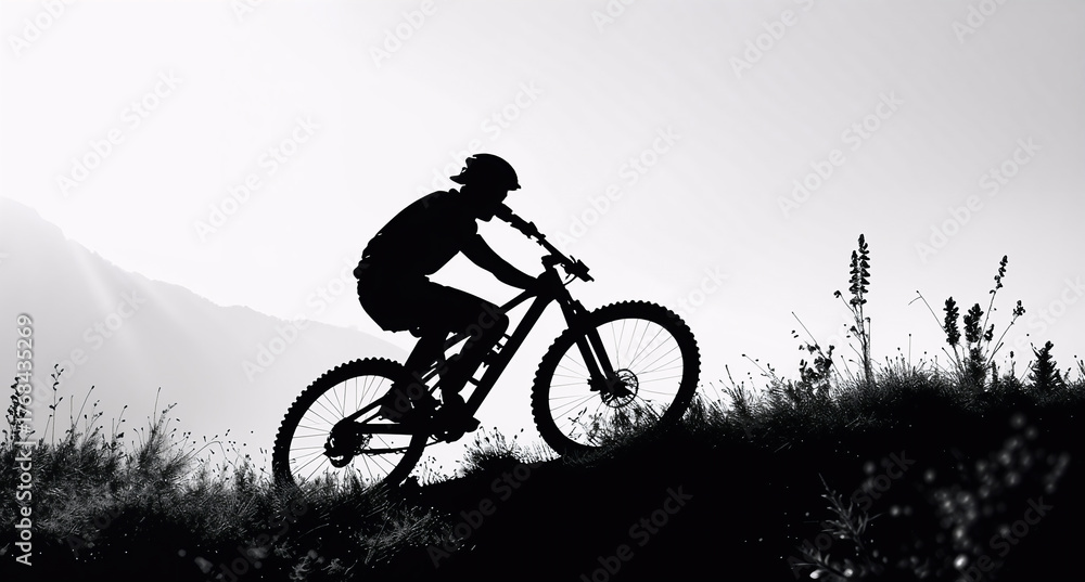 Naklejka premium Silhouette of Mountain Biker Conquering the Slope: A determined mountain biker silhouetted against a radiant sky. Demonstrating grit and determination, a cyclist navigates a challenging uphill climb.