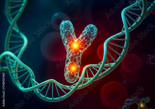 Y chromosome near DNA helix, concept of genetic inheritance and molecular biology, 3d biotechnology illustration