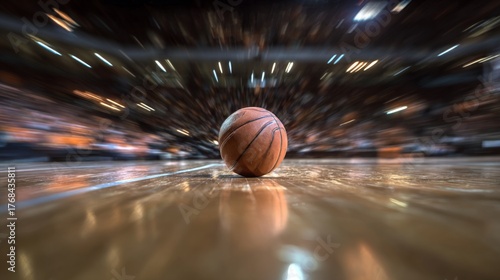 Close-Up View of Basketball on Court with Motion Blur in Background Displaying Dynamic Energy of Fast-Paced Game Action during Important Match