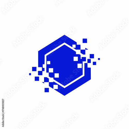 A blue hexagon dissolving into digital pixelated squares on white background