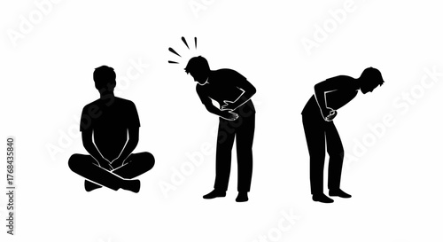 Digestive Discomfort Silhouettes Three Stages of Abdominal Pain and Relief, Featuring a Person in Distress, Seeking Comfort Through Postures, Illustrating the Need for Digestive Health and Wellbeing
