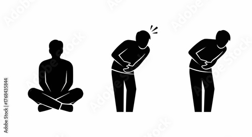 Visual Guide to Yoga Poses & Digestive Discomfort Pictograms Illustrating Mindfulness, Stomach Ache and Symptoms of Illness with a Person in a Meditative Position