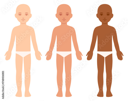 Child body template, diverse skin tones. Blank unisex children in underwear for medical infographic. Isolated vector illustration.