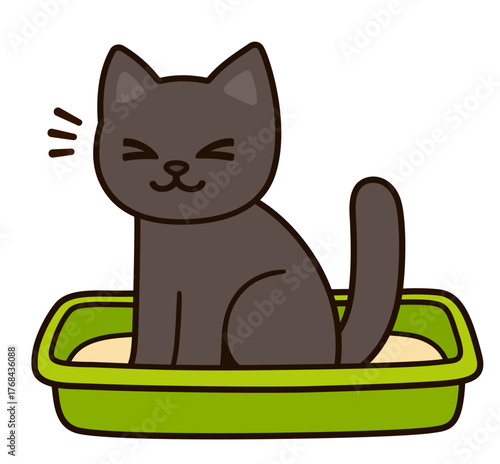 Cartoon black cat pooping in litter box. Cute and funny kitty drawing. Pet life vector illustration.