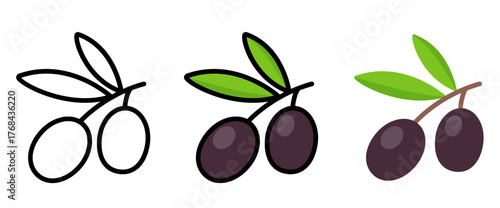 Olive branch with black olives and leaves. Black and white line icon, color and flat cartoon drawing. Simple vector clip art illustration.
