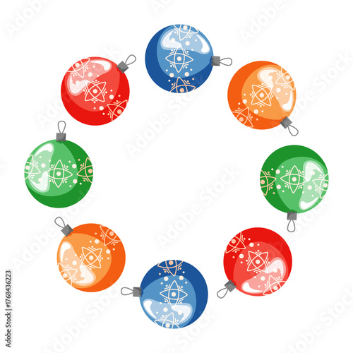 Christmas tree vintage ball ornament arranged in a circular wreath in cartoon.