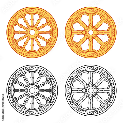 Thai Dhamma Wheel (dhammacakka), with 8 and 12 spokes. Theravada Buddhism symbol. Golden and black line art set. Isolated vector illustration.