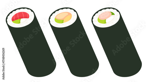 Futomaki sushi drawing set. Uncut rolls with different ingredients, salmon, tempura shrimp. Simple cartoon vector illustration.